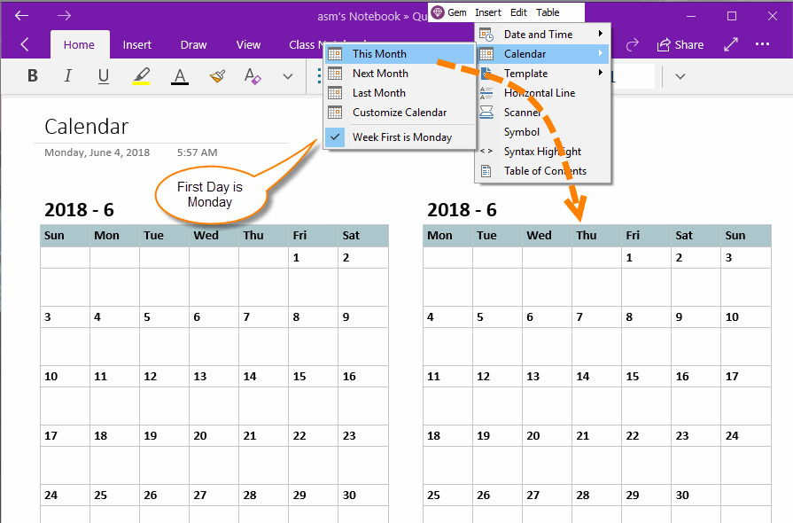 Insert Calendar with Week Start from Monday