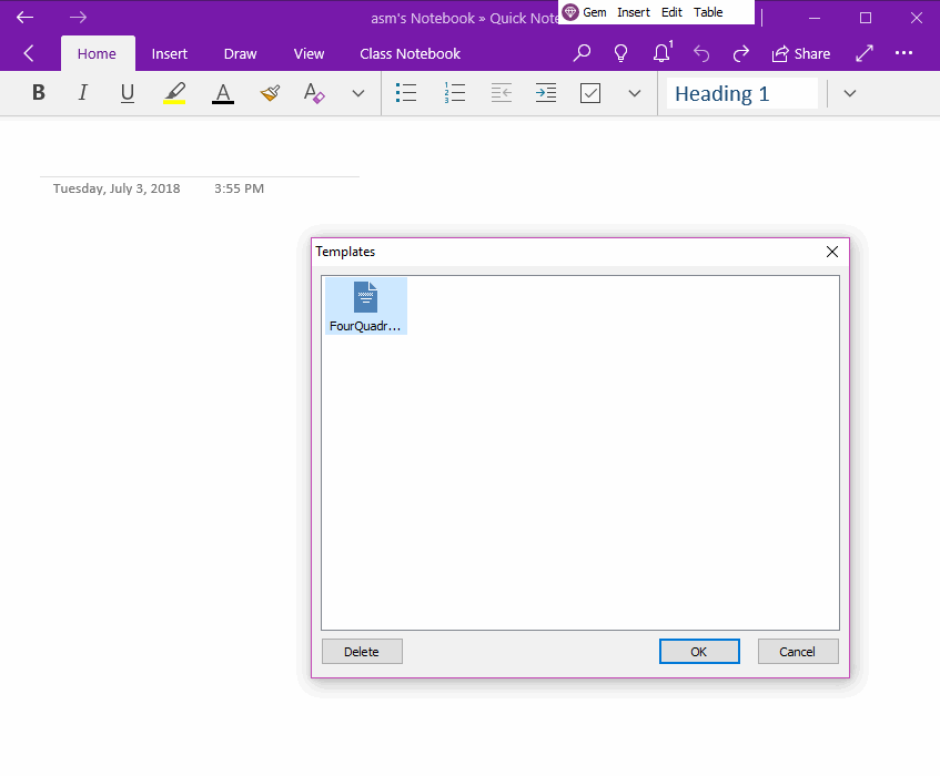 Choose a Template and Insert into OneNote UWP