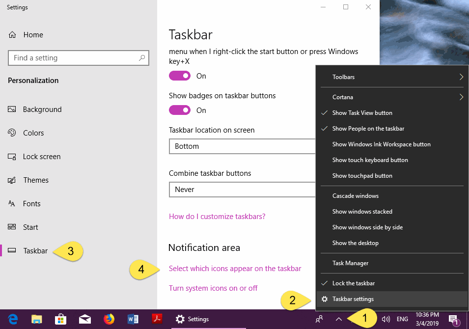Go to: Select which icons appear on the taskbar 