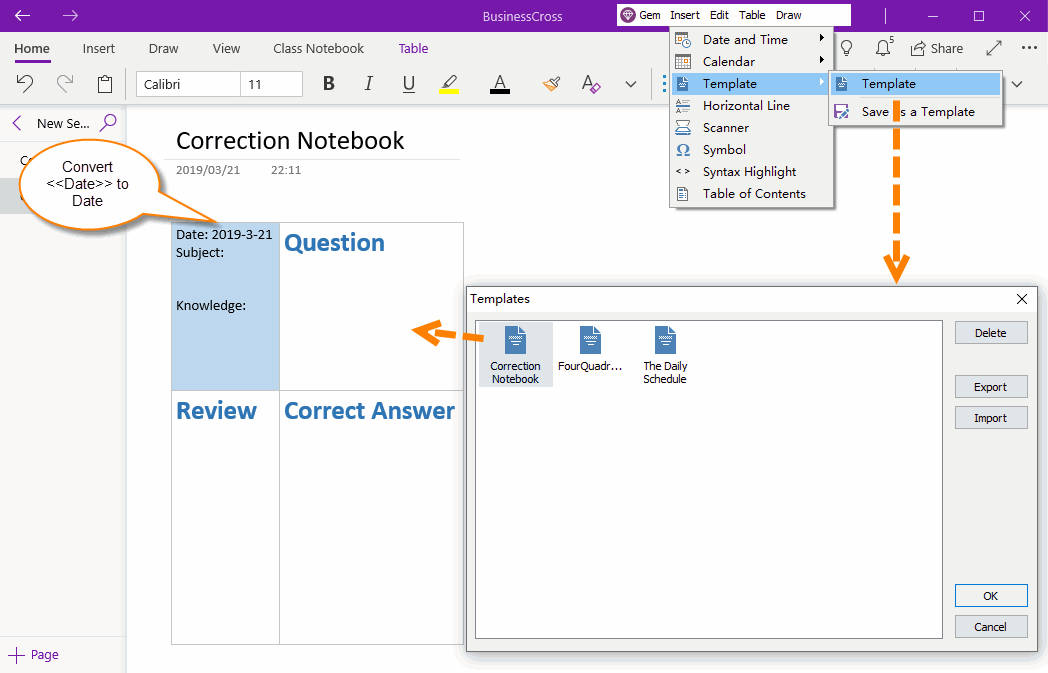 Insert a Correction Notebook Page, Field <Date>> Replaced with Current Date 