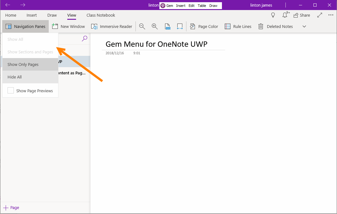 OneNote main window is so small cause the Navigation Panes: SHOW ALL, SHOW SECTIONS AND PAGES greyed out and unable to select. 