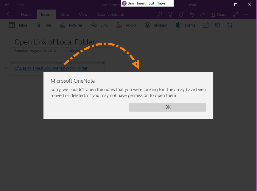OneNote UWP Open a Local Folder Link will Prompted not to Open