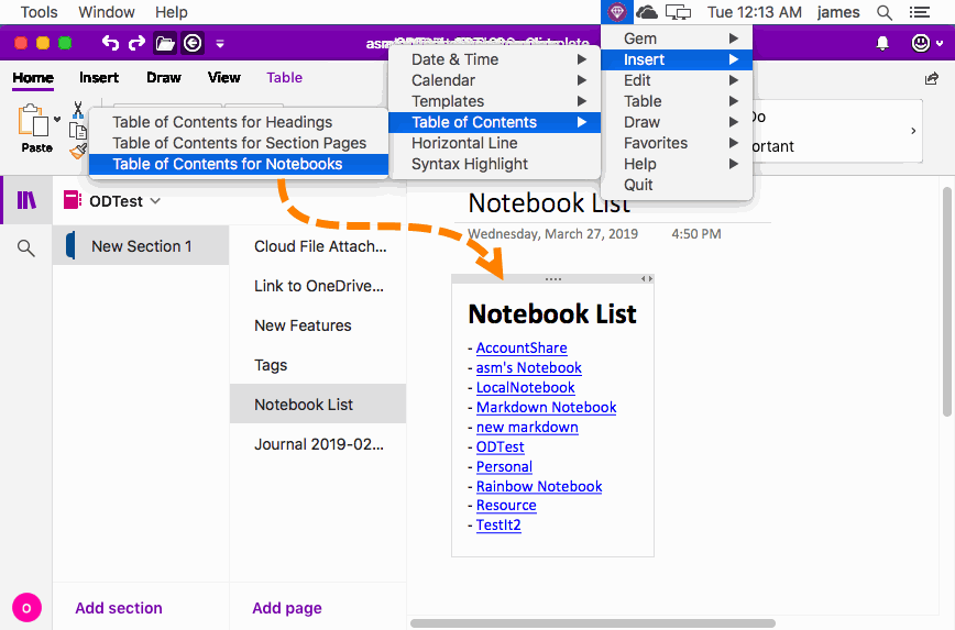 Use the Gem Menu to make a list of OneNote notebooks for easy opening notebook.