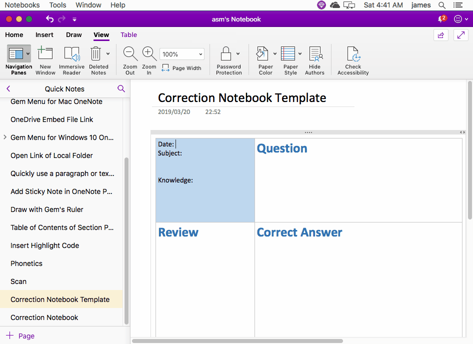 Create a OneNote correction books template with a date field using the field feature provided by the Gem Menu for Mac OneNote. 