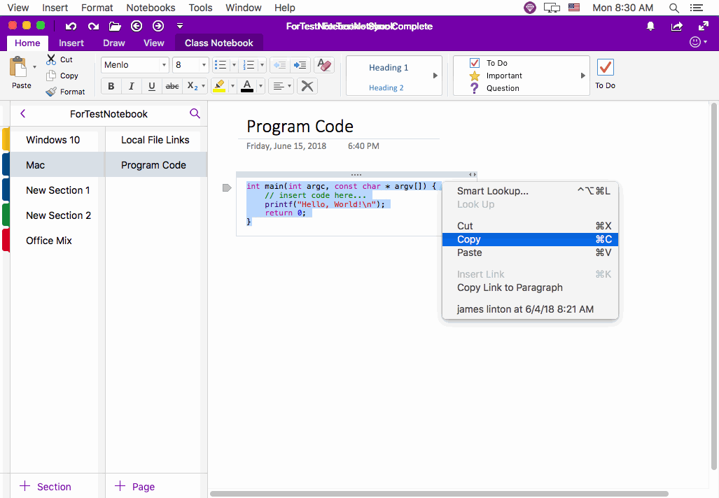 Paste the Code to Mac OneNote