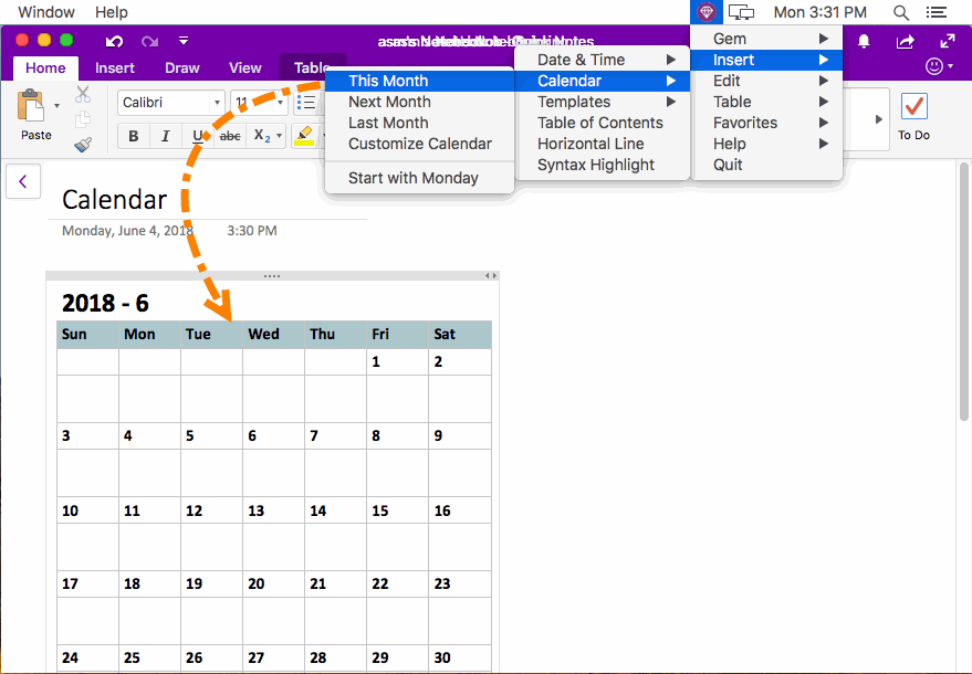 Insert this Month Calendar into Mac OneNote