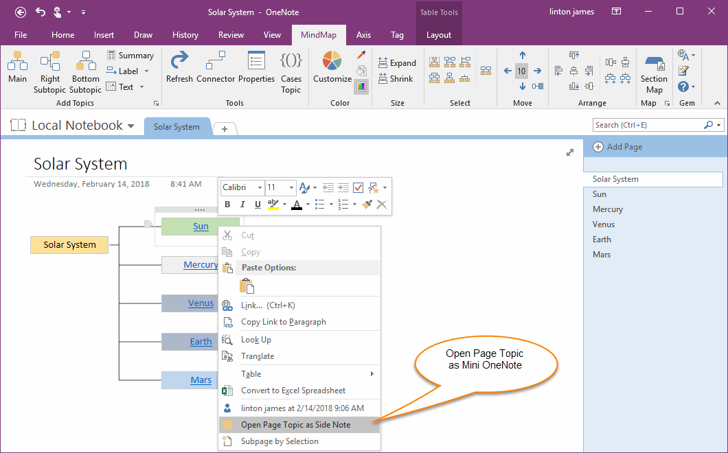 Open Page Topic as OneNote Side Note