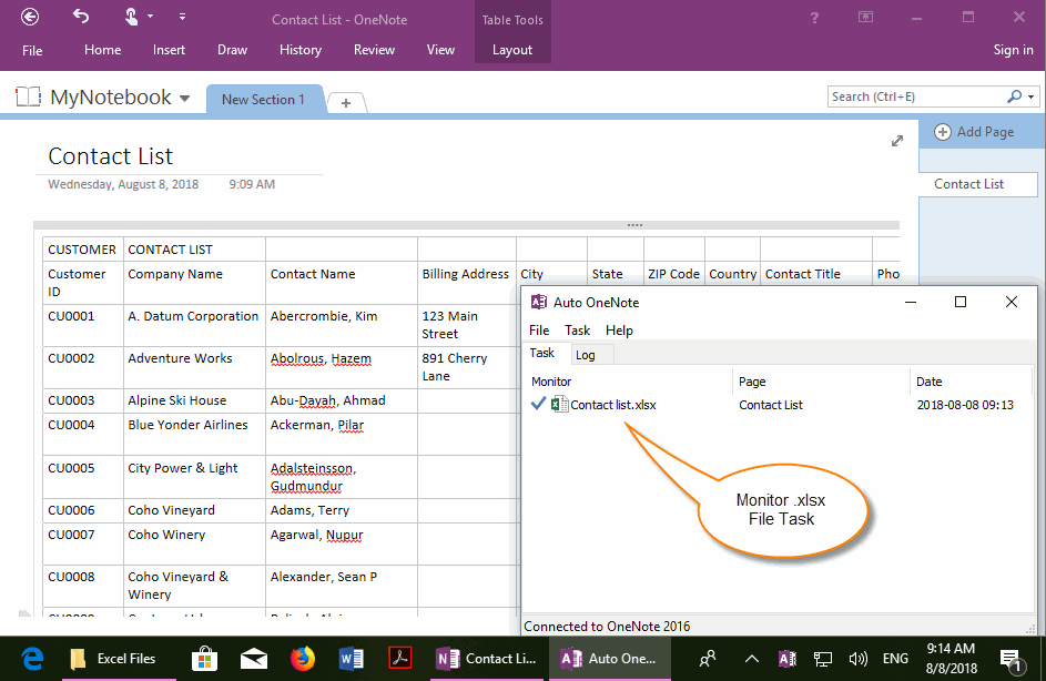 Choose an Excel File, Set Synchronization to the Currents OneNote Page