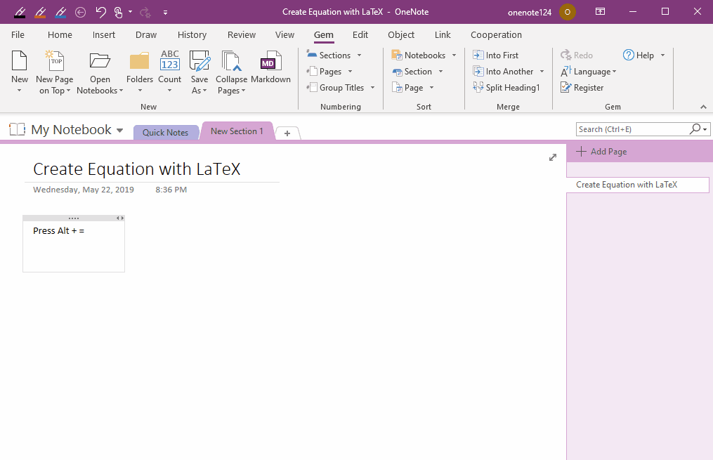 Use the gem to set up OneNote so that you can use LaTeX to create native equation.
