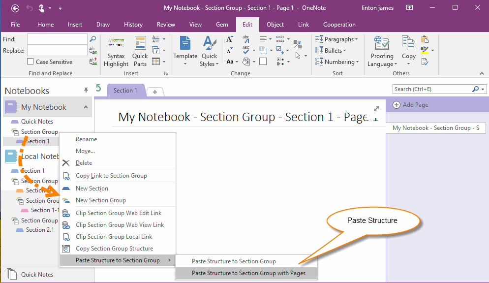 Paste Structure to Target Section Group with Pages