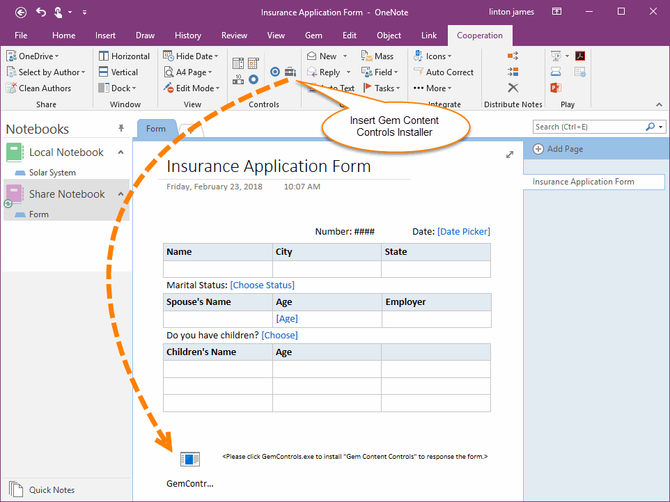 Append a Gem content control installer with a Form (OneNote 2016)