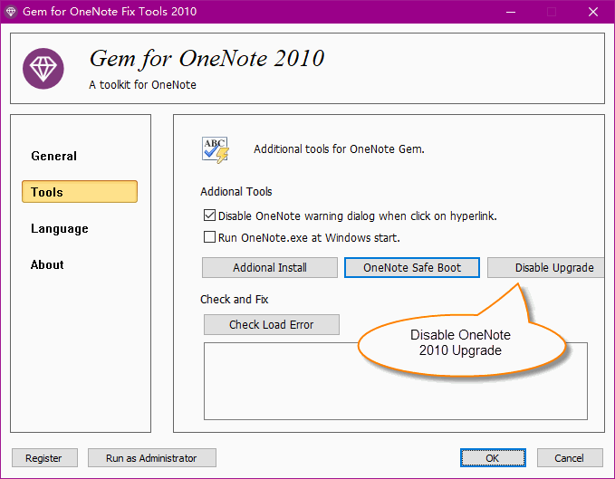 Use Gem Fix Tool to Disable OneNote 2010 Update Window
