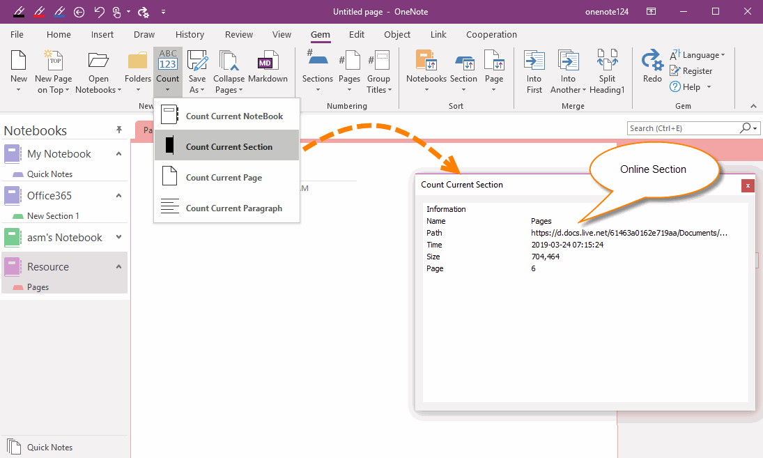 Gem for OneNote provides the ability to get the size of section in a shared OneNote notebook.