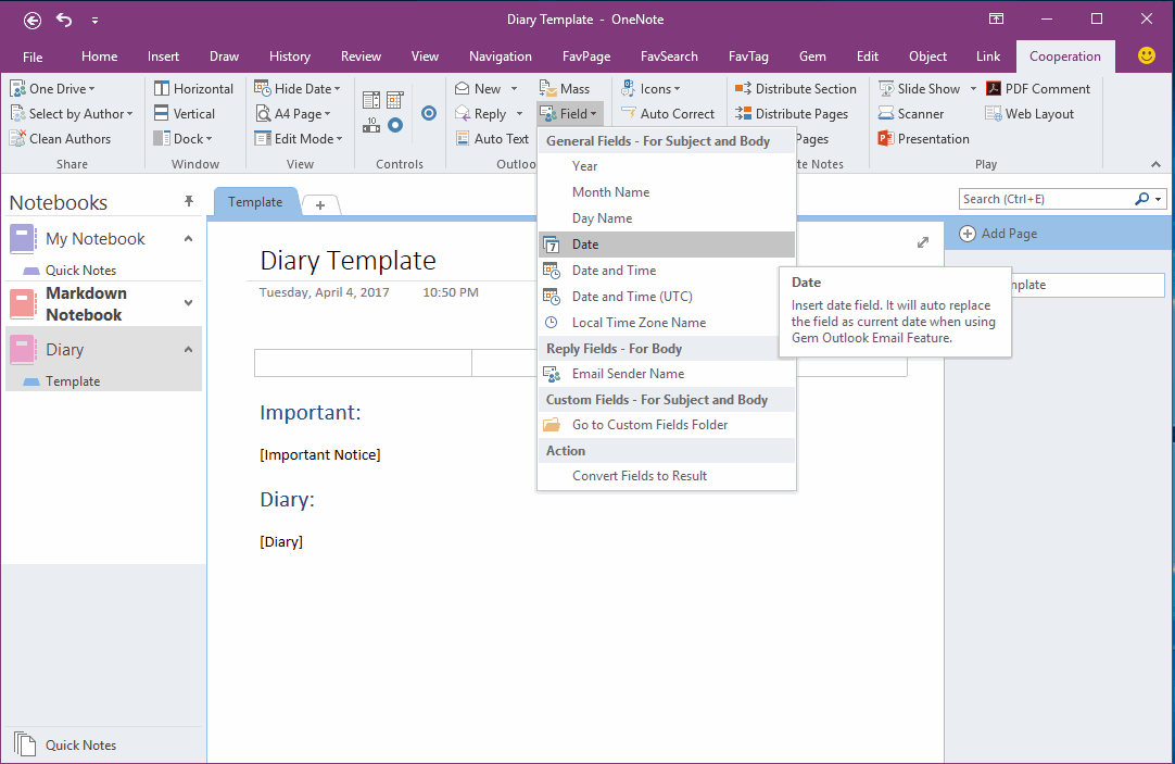 How to Create and Using Date Fields in an OneNote Template? Office