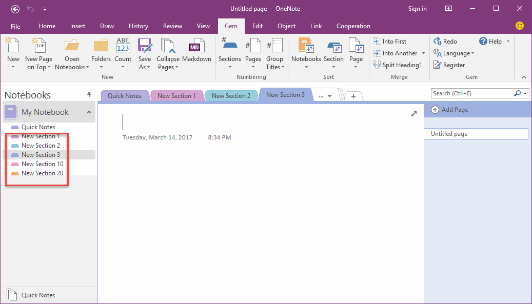 onenote gem sort on a page