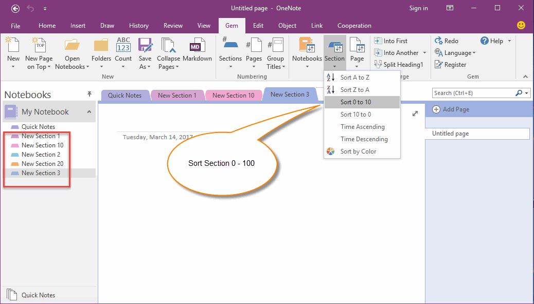 OneNote Sections Name Include Number