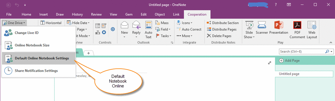Open Web Page to Setting the Default Notebook Online from Desktop  OneNote