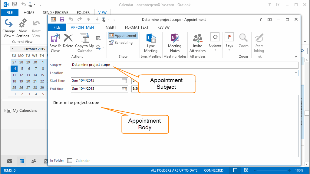 Create Outlook Appointment from OneNote