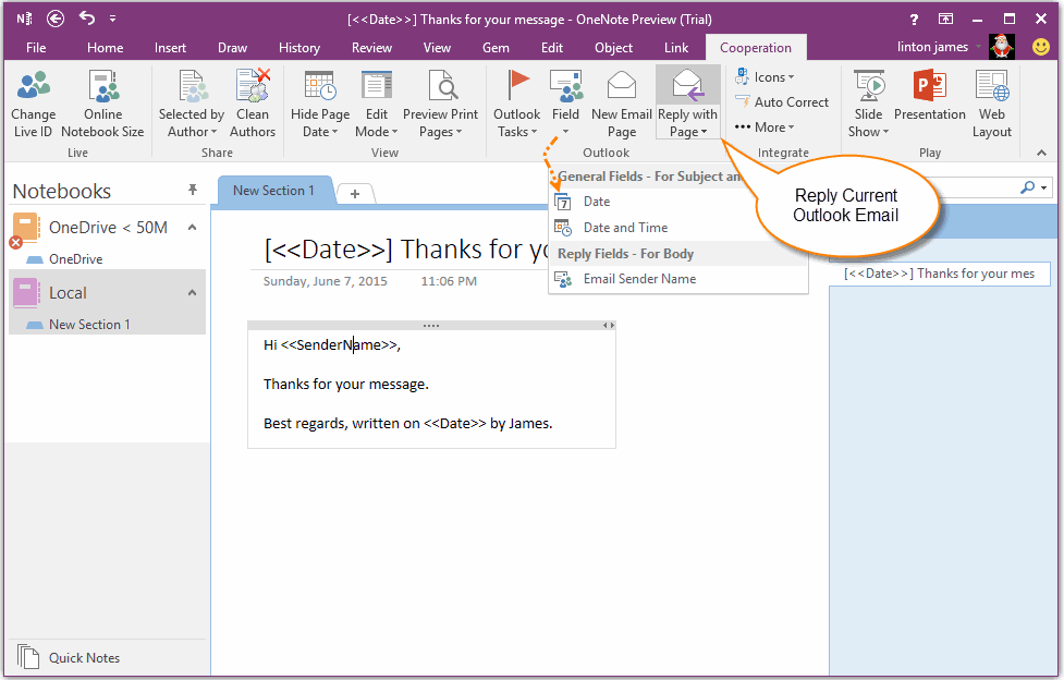 Reply Outlook Email with OneNote page as Template Office OneNote Gem