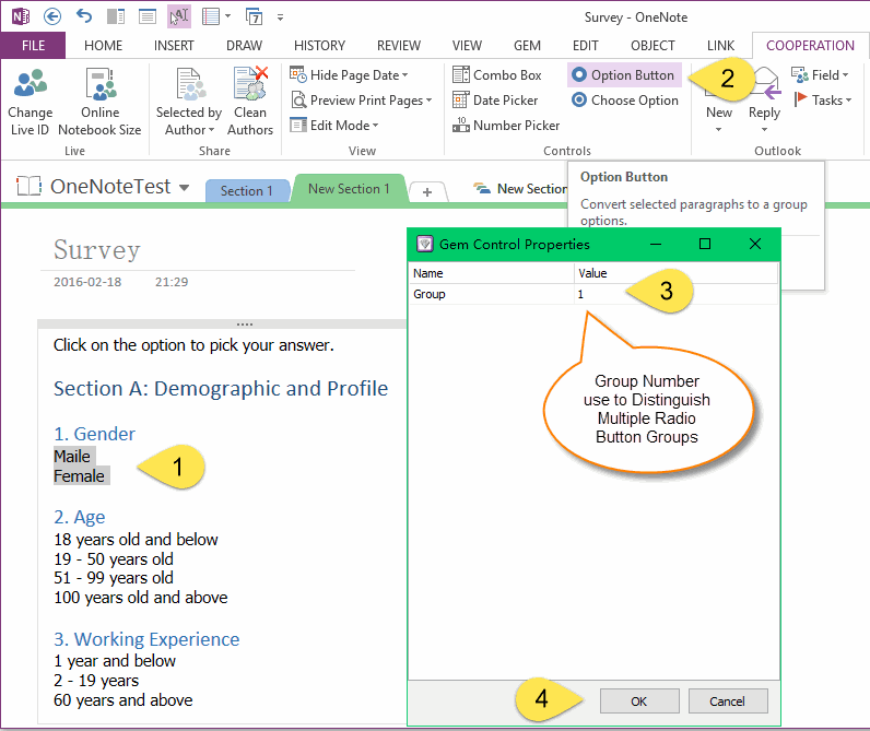 Select a Group of Paragraphs to Make an Option Button Group