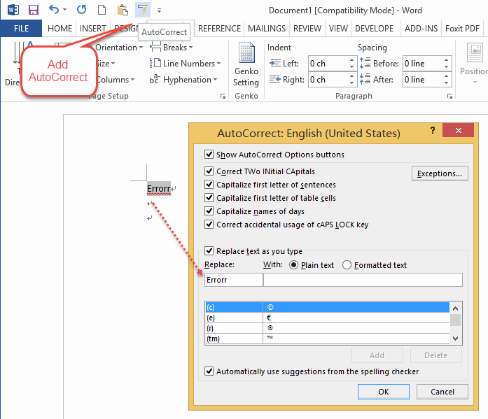 how to turn on autocorrect in word 2019