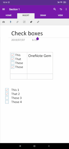 Insert Tab of Android OneNote