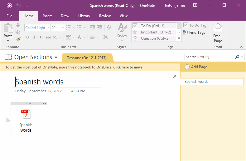To get the most out of OneNote, move this notebook to OneDirve.