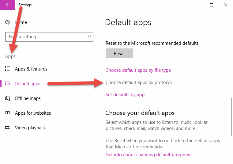 Settings -> Apps -> Default apps -> Choose default apps by protocol