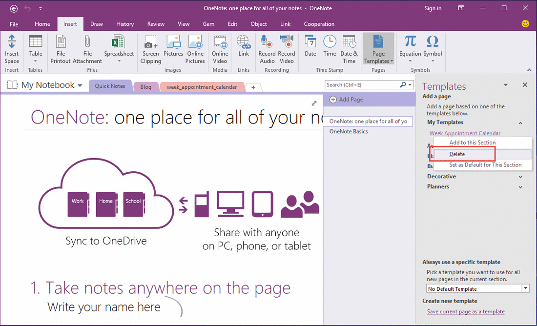 Delete a Template in OneNote