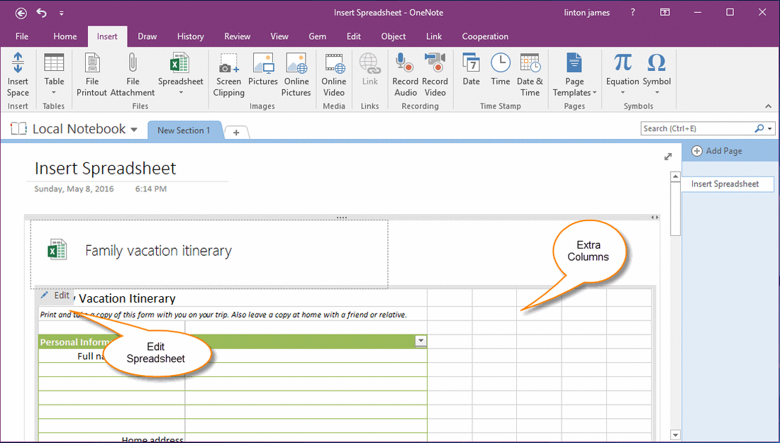 Extra Empty Columns Display in Spreadsheet in OneNote