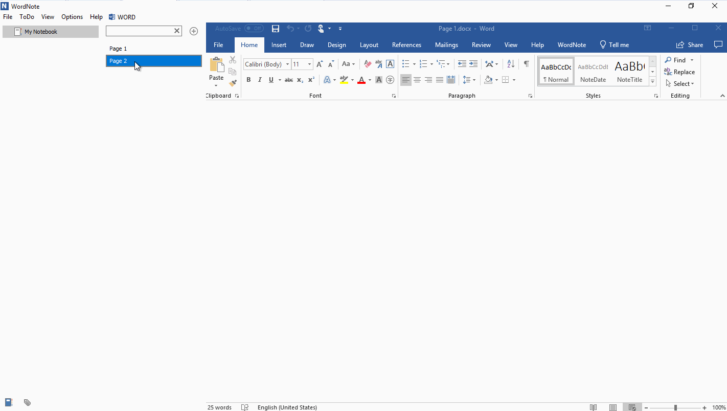 Similar OneNote, WordNote also supports internal links, including folder (section), page and paragraph links.