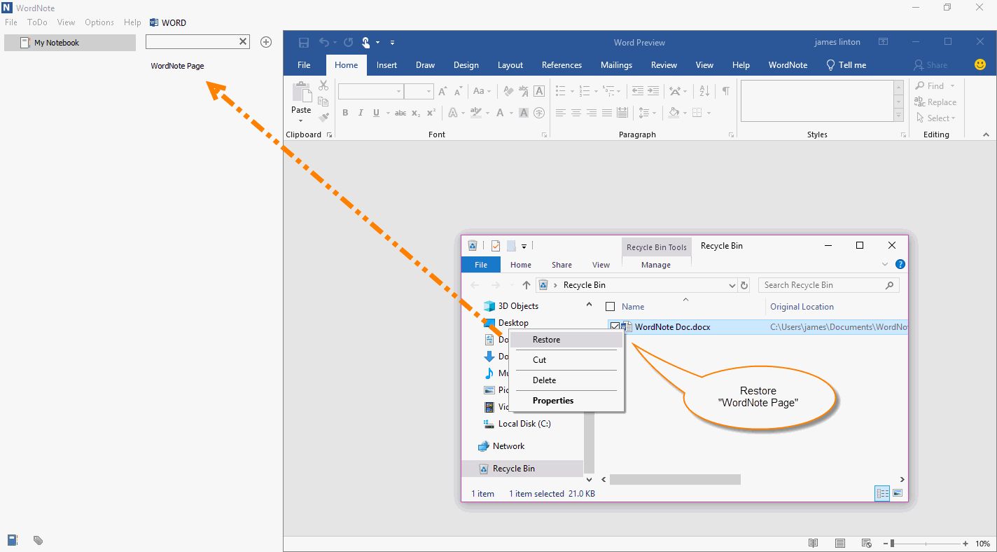 Recover WordNote Page from Windows Recycle Bin