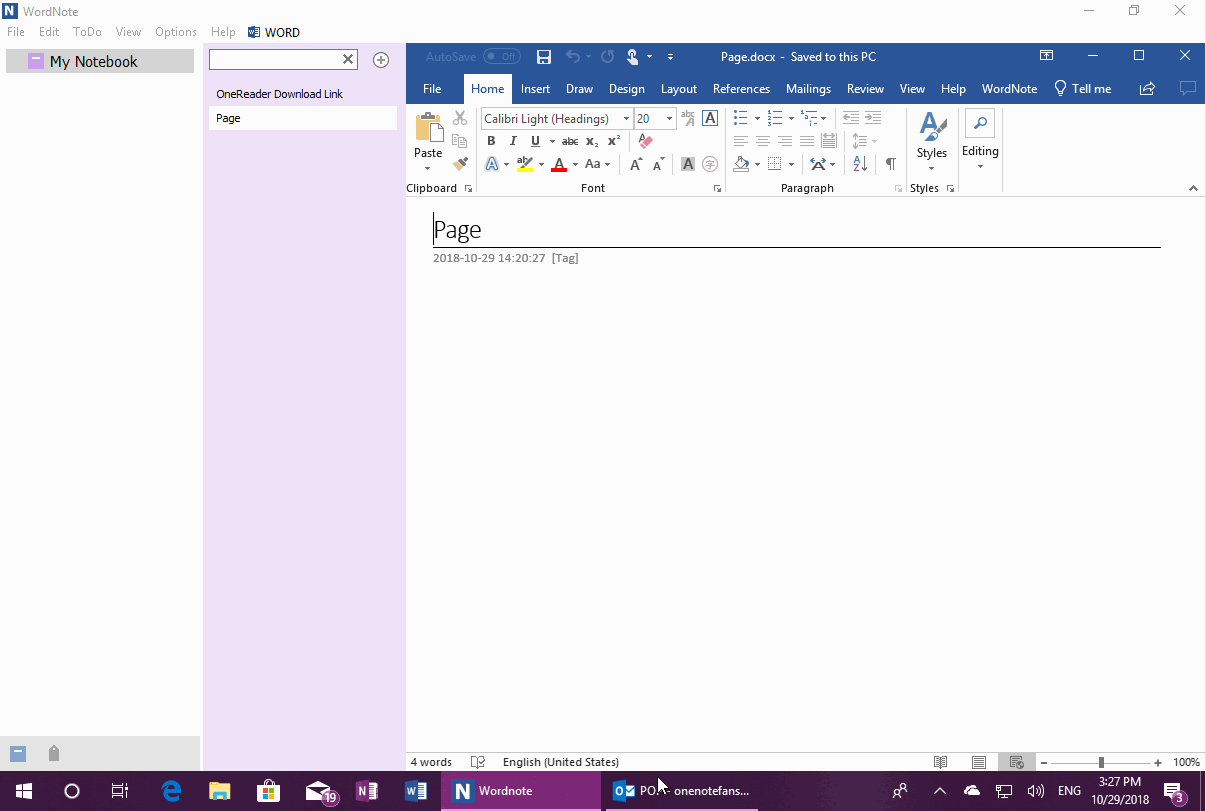 Reply Outlook Email by WordNote current page.