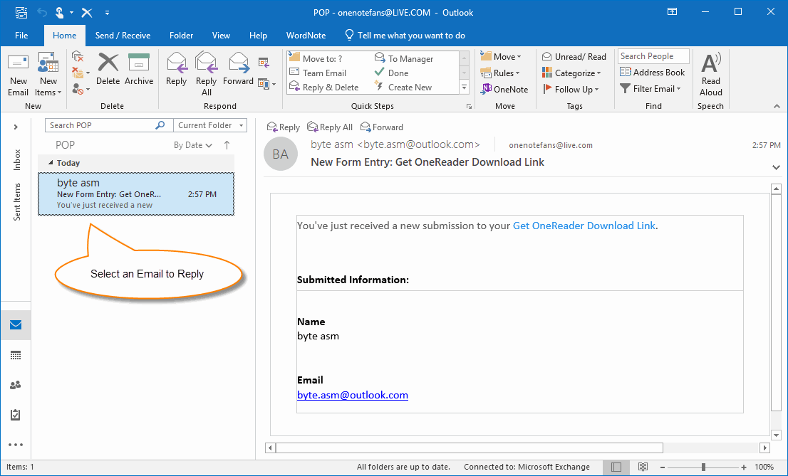 Outlook: Select an Email and Get Ready to Reply This Email 