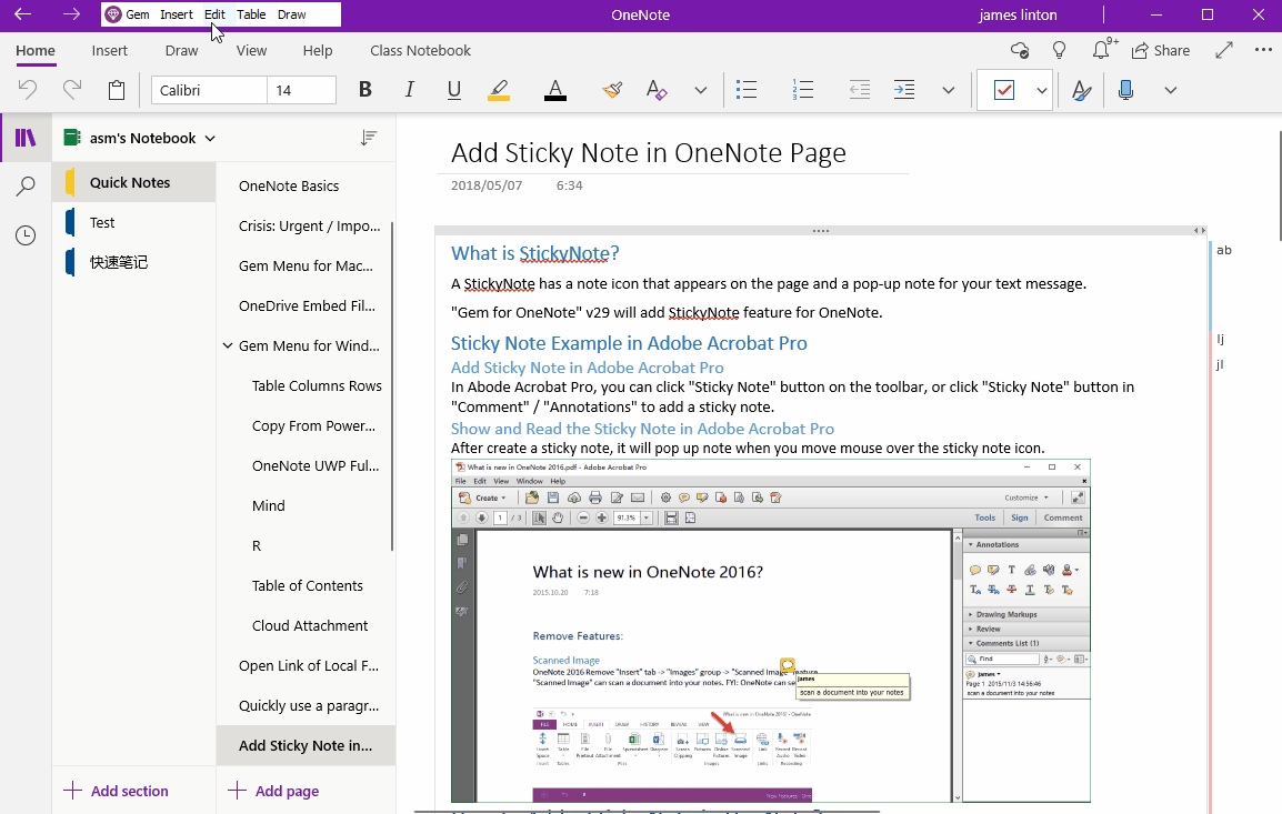 Search and replace on the current page of OneNote UWP with the find and replace features provided by the Gem Menu.