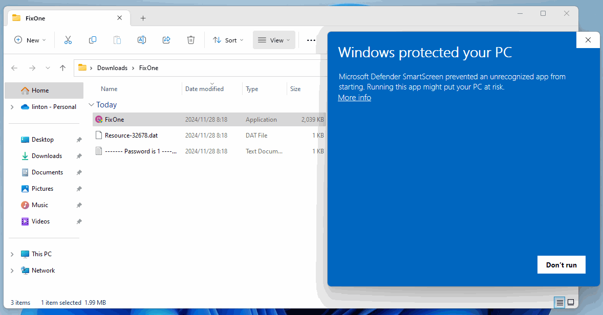 Microsoft Defender SmartScreen prevented an unrecognized app from starting. Running this app might put your PC at risk.