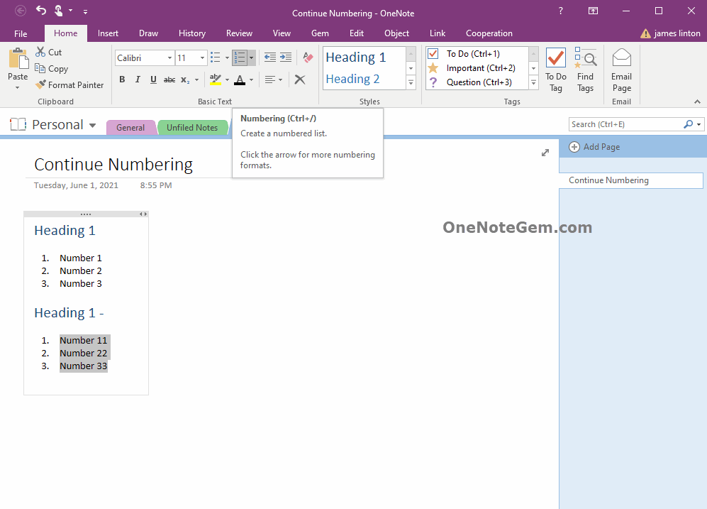 2 Separated Numbering Lists in OneNote