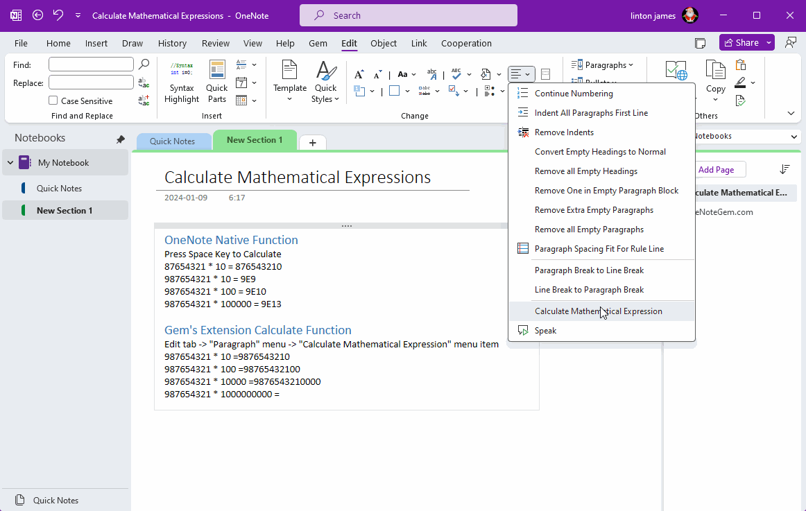 The Gem extended mathematical expression evaluation result is displayed to 16 bits