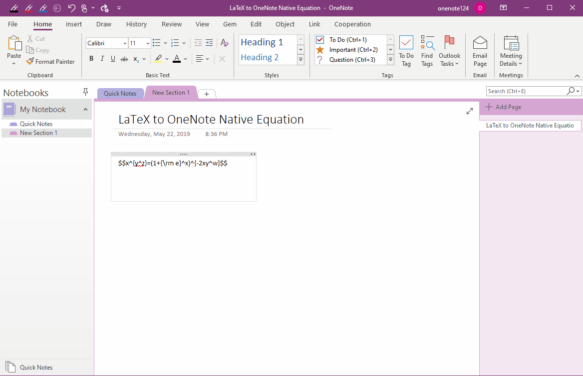 Copy LaTeX expressions from web page and convert it by Gem to OneNote's native equation.