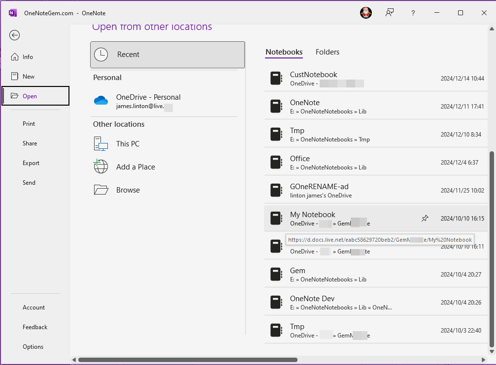 The List of Notebooks on OneDrive in OneNote