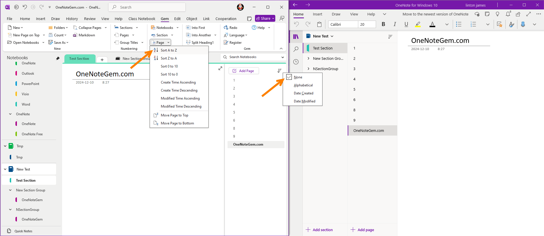 The page sorting results of the Gem Add-in are synced to the other OneNote side