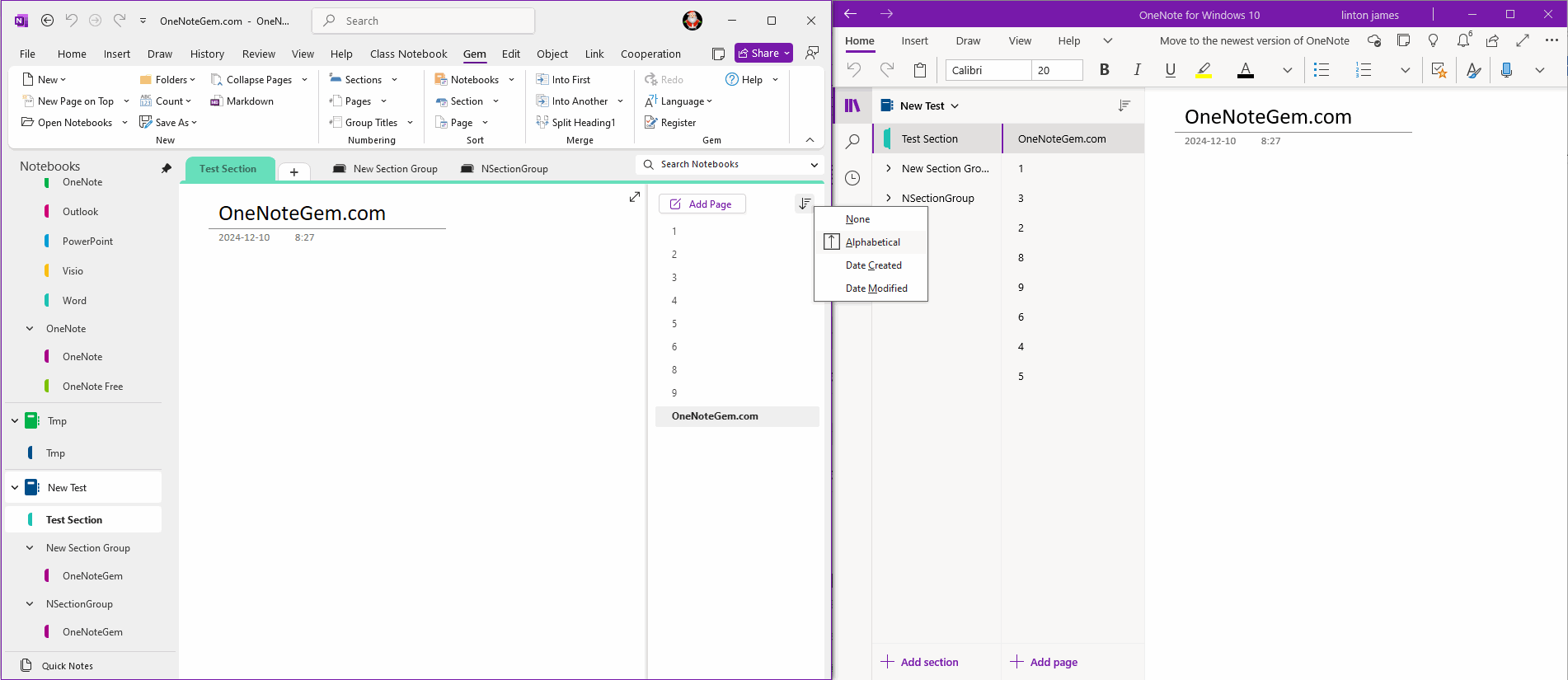 OneNote's native page sort results are not synced to other clients