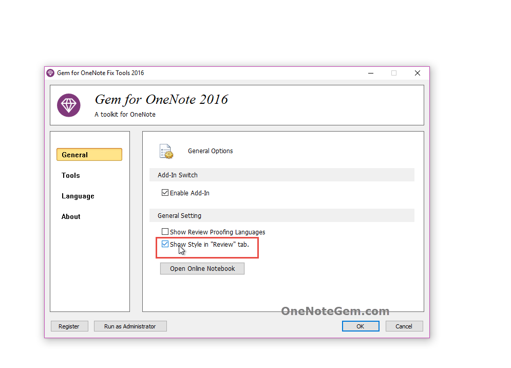 Enable “Show Style in Review tab” in OneNote Gem Fix Tool