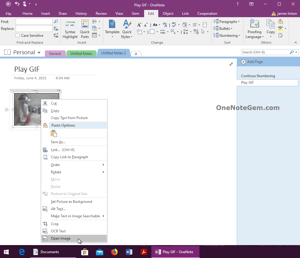 Select a GIF Image in OneNote, Open Image in Right-Click Menu