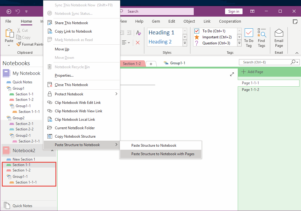 Paste Structure to Notebook with Pages