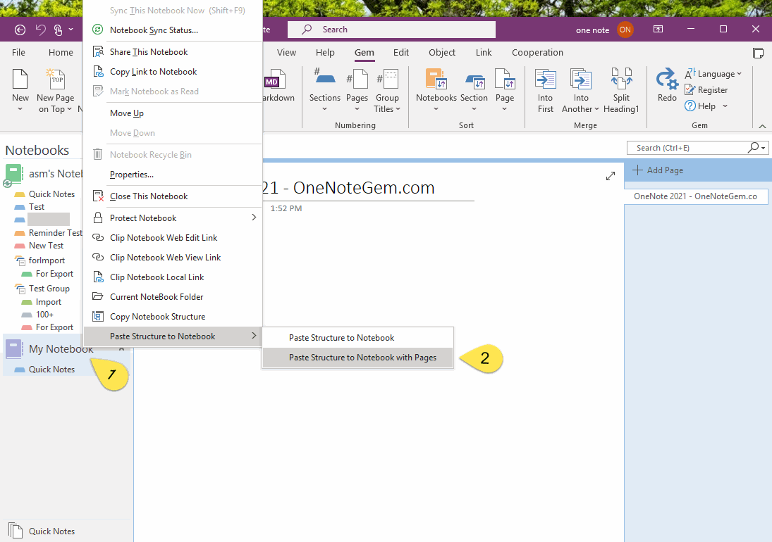 Step 5: Click "Paste Structure to Notebook (with Page)" on the Right-click Menu of the Target Notebook