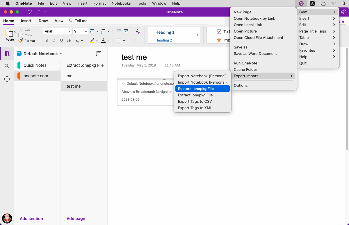 "Restore .onepkg File" in Gem Menu