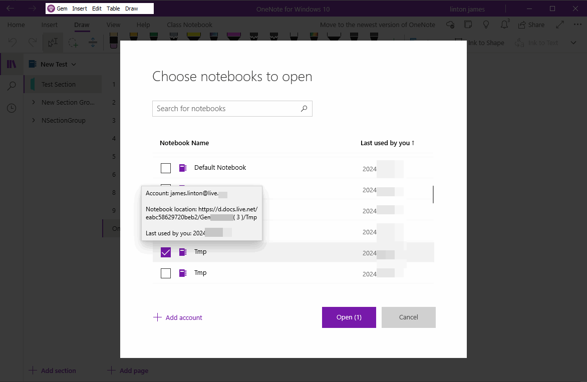 More Notebooks -> Choose notebooks to pen