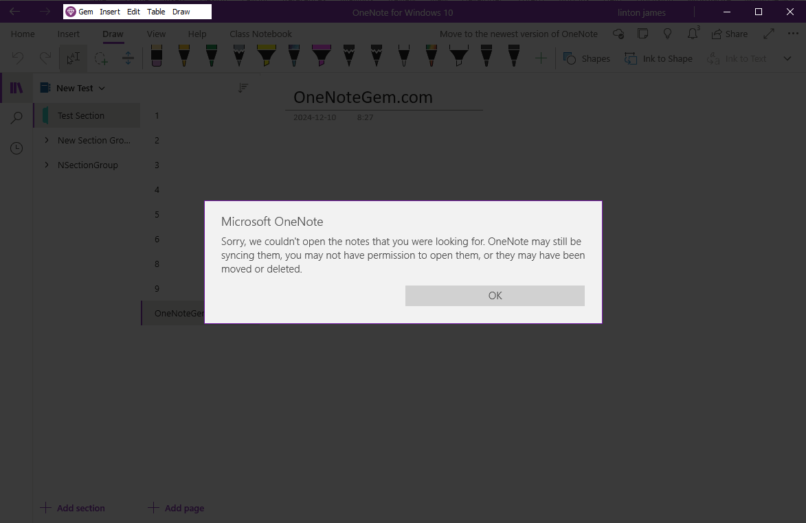 Sorry, we couldn’t open the notes that you were looking for. OneNote may still be syncing them, you may not have permission to open them, or they may have been moved or deleted.
