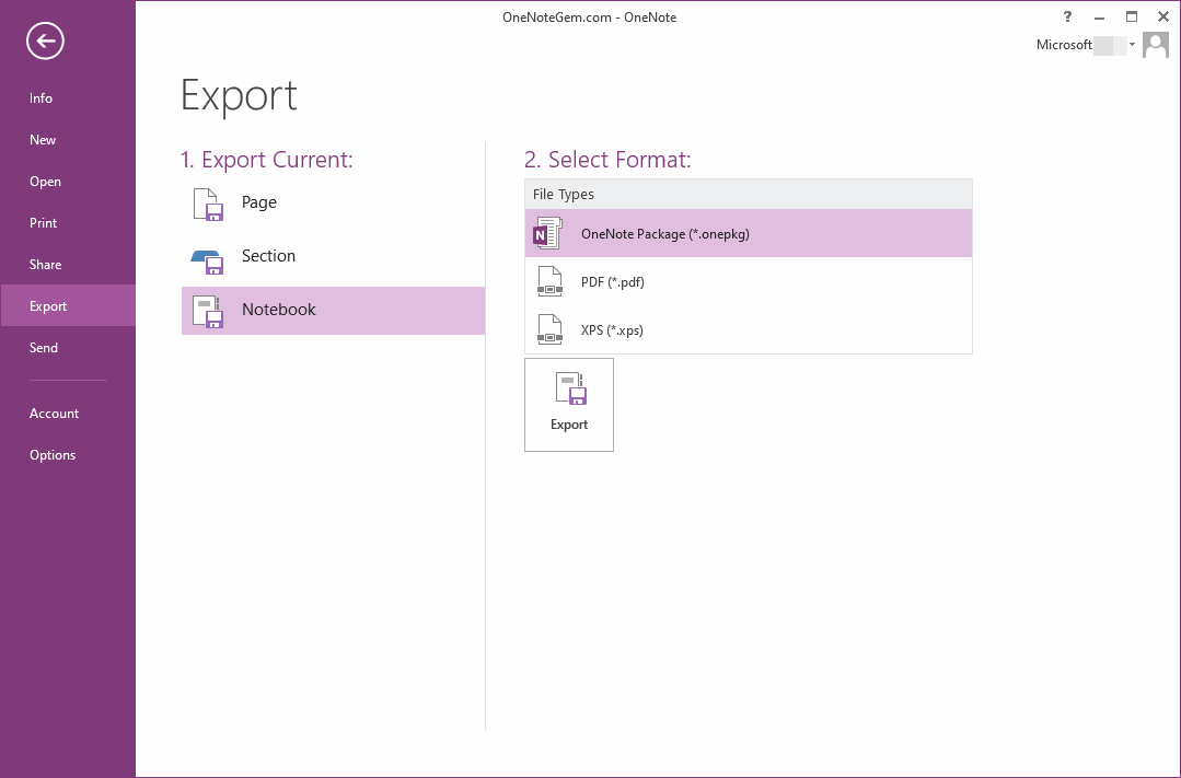 Export Notebook to OneNote onepkg Package